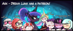 Size: 873x375 | Tagged: safe, artist:lumineko, coco pommel, moondancer, photo finish, princess celestia, princess luna, rarity, twilight sparkle, oc, alicorn, pony, g4, cake, female, food, mare, patreon, twilight sparkle (alicorn)