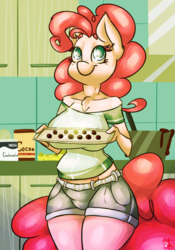 Size: 980x1400 | Tagged: safe, artist:ogaraorcynder, pinkie pie, earth pony, anthro, g4, baking, breasts, busty pinkie pie, chocolate, female, food, solo