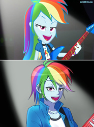 Size: 1000x1348 | Tagged: safe, artist:odaefnyo, screencap, rainbow dash, equestria girls, g4, my little pony equestria girls: rainbow rocks, alternate hairstyle, awesome as i want to be, beautiful, clothes, comparison, electric guitar, female, guitar, musical instrument, open mouth, scene interpretation, screencap reference, short hair, short hair rainbow dash, solo, tomboy