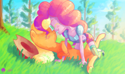 Size: 1920x1136 | Tagged: safe, artist:halem1991, applejack, pinkie pie, equestria girls, g4, boop, clothes, cute, diapinkes, eyes closed, female, grass, halem1991 is trying to murder us, jackabetes, mare, nose wrinkle, noseboop, open mouth, pet, shoes, signature, sneakers, socks