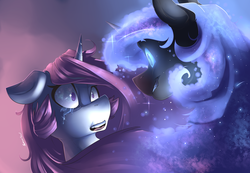 Size: 1600x1106 | Tagged: safe, artist:sourspot, nightmare moon, princess celestia, g4, crying, glowing eyes, pink-mane celestia, younger