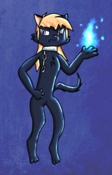 Size: 537x837 | Tagged: safe, artist:chiptunebrony, ahuizotl, catrina, cat, semi-anthro, g1, antagonist, blue flame, chains, collar, feline, female, magic, mane, paws, posture, prisoner, recolor, revamp, solo, story, tartarus, witch, yellow