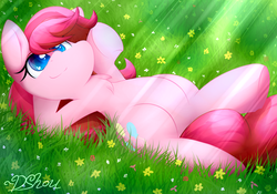 Size: 2000x1400 | Tagged: safe, artist:dshou, pinkie pie, g4, chest fluff, crepuscular rays, cute, diapinkes, female, signature, solo, yet another pinkie blog