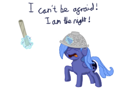 Size: 550x400 | Tagged: artist needed, safe, derpibooru exclusive, princess luna, g4, chest fluff, colander, crying, female, filly, helmet, i am the night, scared, solo, text, woona