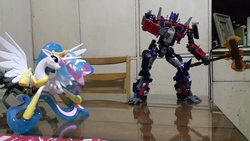 Size: 2048x1152 | Tagged: safe, princess celestia, g4, fan series, female, guardians of harmony, irl, optimus prime, photo, toy