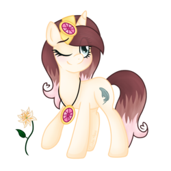 Size: 849x849 | Tagged: safe, artist:chelseaz123, oc, oc only, oc:cindy, original species, digital art, flower, lily (flower), one eye closed, raised hoof, simple background, solo, transparent background, wink