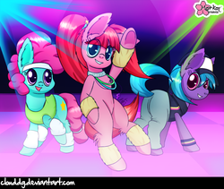 Size: 948x800 | Tagged: safe, artist:clouddg, azure velour, flashdancer, pacific glow, earth pony, pony, g4, the saddle row review, cap, clothes, dancing, group, hat, looking at you, open mouth, pacifier, pants, rave, signature, smiling, tail twirl, trio, twerking