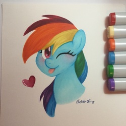 Size: 2448x2448 | Tagged: safe, artist:chelseaz123, rainbow dash, pegasus, pony, g4, :p, blushing, bust, copic, female, floating heart, heart, high res, looking at you, marker, marker drawing, markers, portrait, simple background, smiling, solo, tongue out, traditional art, white background, wink