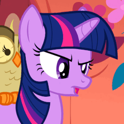 Size: 505x505 | Tagged: safe, screencap, owlowiscious, twilight sparkle, g4, owl's well that ends well, animated, talking, twilight sparkle is not amused
