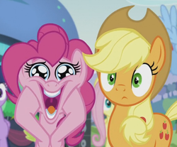 Size: 568x470 | Tagged: safe, screencap, applejack, pinkie pie, g4, the mane attraction, :<, cute, diapinkes, faic, frown, looking at you, open mouth, smiling, squishy cheeks, wide eyes
