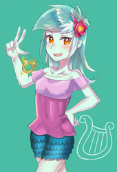 Size: 600x884 | Tagged: safe, artist:tzc, lyra heartstrings, equestria girls, g4, blouse, clothes, cutie mark necklace, female, flower, flower in hair, headband, jewelry, lyre, necklace, shorts, solo