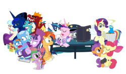 Size: 1100x647 | Tagged: safe, artist:dm29, apple bloom, boulder (g4), coco pommel, garble, maud pie, princess cadance, princess ember, princess flurry heart, princess luna, rainbow dash, rarity, shining armor, snowfall frost, spike, spirit of hearth's warming yet to come, starlight glimmer, sunburst, tender taps, trixie, dragon, pony, unicorn, a hearth's warming tail, g4, gauntlet of fire, newbie dash, no second prances, on your marks, the crystalling, the gift of the maud pie, the saddle row review, angel rarity, backwards cutie mark, beach chair, chair, clothes, cold, couch, crossing the memes, cutie mark, dancing, devil rarity, female, filly, garble's hugs, hat, hearth's warming, male, mare, meme, menu, now you're thinking with portals, portal, present, rainbow trash, ship:emble, shipping, simple background, straight, tenderbloom, the cmc's cutie marks, the meme continues, the story so far of season 6, this isn't even my final form, top hat, transparent background, trash can, wonderbolts uniform