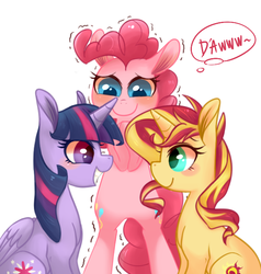 Size: 600x630 | Tagged: safe, artist:phyllismi, pinkie pie, sunset shimmer, twilight sparkle, alicorn, earth pony, pony, unicorn, g4, blush sticker, blushing, c:, cute, eye contact, female, grin, lesbian, looking at each other, ship:sunsetsparkle, shipper on deck, shipping, shivering, simple background, sitting, smiling, squee, thought bubble, twilight sparkle (alicorn), white background