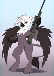Size: 912x1280 | Tagged: safe, artist:wildshard, edit, oc, oc only, oc:eraclea, griffon, arctic warfare, awp, awp l96, bedroom eyes, belly button, bipedal, claws, explicit source, explosives, feather, featureless crotch, female, gradient background, grenade, gun, looking at you, nudity, open mouth, optical sight, rifle, scope, sfw edit, smiling, sniper, sniper rifle, solo, spread wings, weapon, wings