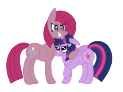 Size: 2592x1936 | Tagged: safe, artist:squipycheetah, pinkie pie, twilight sparkle, alicorn, pony, g4, crouching, cute, duo, female, floppy ears, folded wings, happy, height difference, hug, lesbian, looking at you, looking up, mare, nervous, nervous smile, pinkamena diane pie, possessive, protecting, raised hoof, ship:twinkie, shipping, simple background, smiling, teeth, transparent background, twilight sparkle (alicorn), vector, wavy mouth