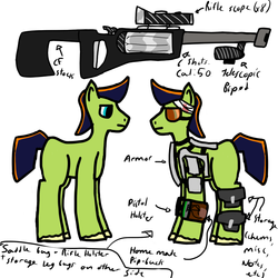 Size: 800x800 | Tagged: safe, artist:coolycool, oc, oc only, oc:blaze, fallout equestria, armor, gun, injured, reference sheet, rifle, sniper rifle, weapon