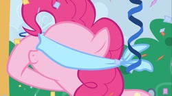 Size: 1100x618 | Tagged: safe, screencap, pinkie pie, earth pony, pony, g4, season 1, the ticket master, blindfold, female, mare, solo