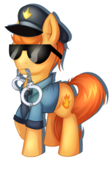 Size: 721x1107 | Tagged: safe, artist:pingwinowa, oc, oc only, oc:ember (appleberryember), earth pony, fire pony, pony, cuffs, police officer, police uniform, solo