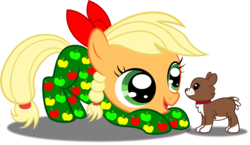 Size: 5163x3000 | Tagged: safe, artist:spellboundcanvas, applejack, winona, dog, g4, bow, clothes, cute, female, filly, filly applejack, footed sleeper, hair bow, jackabetes, onesie, pajamas, puppy, spellboundcanvas is trying to murder us, weapons-grade cute, winonabetes