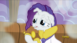 Size: 1920x1080 | Tagged: safe, screencap, rarity, applejack's "day" off, g4, clothes, discovery family logo, faic, frown, hoof hold, nose wrinkle, open mouth, pocket watch, prunity, pruny, robe, vein, wet mane, wrinkles