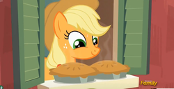 Size: 2441x1261 | Tagged: safe, screencap, applejack, applejack's "day" off, g4, discovery family logo, food, pie, sweat