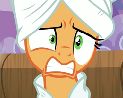 Size: 429x341 | Tagged: safe, screencap, applejack, applejack's "day" off, g4, clothes, female, robe, solo, towel