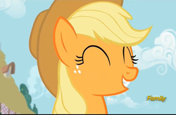 Size: 2213x1439 | Tagged: safe, screencap, applejack, earth pony, pony, applejack's "day" off, g4, applejack's hat, cowboy hat, cute, discovery family logo, eyes closed, female, hat, jackabetes, mare, smiling
