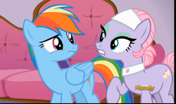 Size: 2251x1335 | Tagged: safe, screencap, lavender essence, rainbow dash, applejack's "day" off, g4, discovery family logo
