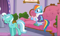 Size: 891x543 | Tagged: safe, screencap, lyra heartstrings, rainbow dash, royal riff, pegasus, pony, unicorn, applejack's "day" off, g4, clothes, discovery family logo, female, horn, mare, tank slippers