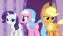 Size: 1920x1080 | Tagged: safe, screencap, aloe, applejack, rarity, applejack's "day" off, g4, discovery family logo, pouting