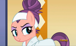 Size: 2257x1393 | Tagged: safe, screencap, spoiled rich, applejack's "day" off, g4, bathrobe, clothes, discovery family logo, female, gloating, robe, smirk, snobby, solo, spa