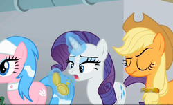 Size: 891x543 | Tagged: safe, screencap, aloe, applejack, rarity, applejack's "day" off, g4, discovery family logo, magic, pocket watch, telekinesis