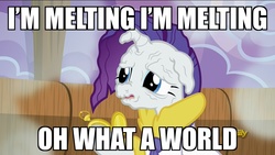 Size: 1920x1080 | Tagged: safe, edit, edited screencap, screencap, rarity, applejack's "day" off, g4, caption, i'm melting, image macro, melting, meme, prunity, pruny, the wizard of oz, vein, wicked witch of the west