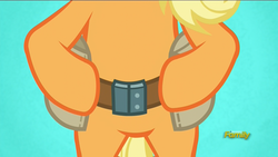 Size: 1920x1080 | Tagged: safe, screencap, applejack, earth pony, pony, applejack's "day" off, g4, belly, bipedal, blue background, discovery family logo, featureless crotch, female, simple background, solo, toolbelt
