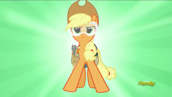 Size: 1920x1080 | Tagged: safe, screencap, applejack, applejack's "day" off, g4, discovery family logo, goggles, green background, simple background, toolbelt, tools