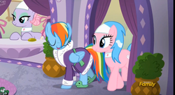 Size: 2527x1377 | Tagged: safe, screencap, aloe, lavender essence, rainbow dash, applejack's "day" off, g4, clothes, discovery family logo, tank slippers