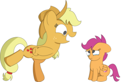 Size: 2517x1693 | Tagged: safe, artist:pastelhorses, applejack, scootaloo, chicken, earth pony, pegasus, pony, applejack's "day" off, g4, abuse, applejerk, bipedal, chickenjack, crossing the line twice, crying, female, filly, mare, mocking, out of character, scootabuse, scootachicken, silly, silly pony, simple background, transparent background, we are going to hell, who's a silly pony