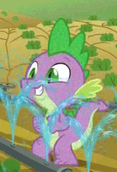 Size: 309x452 | Tagged: safe, screencap, spike, dragon, applejack's "day" off, g4, animated, baby, baby dragon, crops, cute, excited, eyebrows, green eyes, happy, irrigation, jumping, male, spikabetes