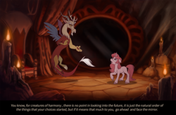 Size: 1060x692 | Tagged: dead source, safe, artist:anima-dos, part of a set, discord, princess celestia, draconequus, pony, unicorn, g4, don bluth, don bluth style, duo, female, male, mare, mirror, part of a series, pink-mane celestia, race swap, style emulation, the secret of nimh, unicorn celestia, young celestia, younger
