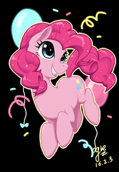 Size: 2598x3743 | Tagged: safe, artist:ogre, pinkie pie, g4, balloon, black background, confetti, female, high res, pixiv, simple background, solo