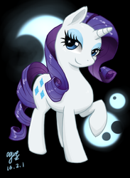 Size: 2480x3389 | Tagged: safe, artist:ogre, rarity, g4, black background, female, high res, moon, pixiv, raised hoof, simple background, solo, wingding eyes