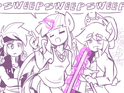 Size: 1600x1200 | Tagged: safe, artist:thegreatrouge, applejack, fluttershy, pinkie pie, rainbow dash, twilight sparkle, alicorn, earth pony, pegasus, anthro, g4, the saddle row review, broom, clothes, cowboy hat, eyes closed, female, hat, magic, monochrome, open mouth, pants, scene interpretation, shirt, skirt, speech bubble, stetson, sweater, sweeping, sweepsweepsweep, trio, twilight sparkle (alicorn), twilight sweeple