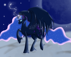 Size: 1280x1026 | Tagged: safe, artist:niniibear, nightmare moon, g4, cute, ear fluff, female, fluffy, magic, moon, night, raised hoof, solo, unshorn fetlocks