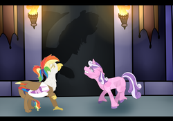 Size: 3808x2665 | Tagged: safe, artist:coulorstrike, oc, oc only, oc:quartz horn, oc:rainbow feather, crystal pony, griffon, pony, unicorn, broken wing, castle, female, filly, high res, interspecies offspring, magical lesbian spawn, offspring, parent:gilda, parent:rainbow dash, parents:gildash, scared, shadow, torch
