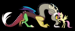 Size: 1187x494 | Tagged: safe, artist:shmanzu, discord, fluttershy, g4, black background, filly, filly fluttershy, simple background, size difference
