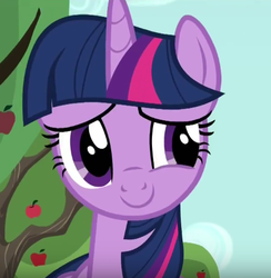 Size: 426x436 | Tagged: safe, screencap, twilight sparkle, alicorn, pony, applejack's "day" off, g4, apple tree, bust, cropped, female, mare, portrait, smiling, solo, tree, twilight sparkle (alicorn)