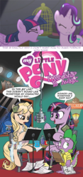 Size: 400x855 | Tagged: safe, idw, applejack, spike, starlight glimmer, taralicious, twilight sparkle, oc, alicorn, pony, unicorn, g4, no second prances, female, headphones, mare, microphone, tara strong, twilight sparkle (alicorn), voice acting, voice actor joke