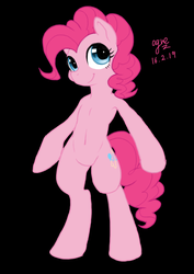 Size: 2480x3507 | Tagged: safe, artist:ogre, pinkie pie, earth pony, pony, semi-anthro, g4, belly button, bipedal, black background, female, high res, pixiv, simple background, solo