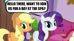 Size: 1277x717 | Tagged: safe, edit, edited screencap, screencap, applejack, rarity, applejack's "day" off, g4, bronybait, discovery family logo, fourth wall, looking at you