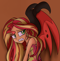 Size: 722x728 | Tagged: dead source, safe, artist:wubcakeva, sunset shimmer, equestria girls, g4, clothes, fangs, female, looking back, sharp teeth, skirt, sleeveless, solo, sunset satan, teeth, wings